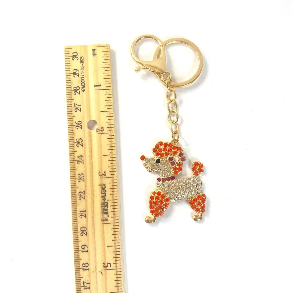 Poodle Rhinestone Charm Keychain Key Holder Orange Multi Gold Tone Metal New